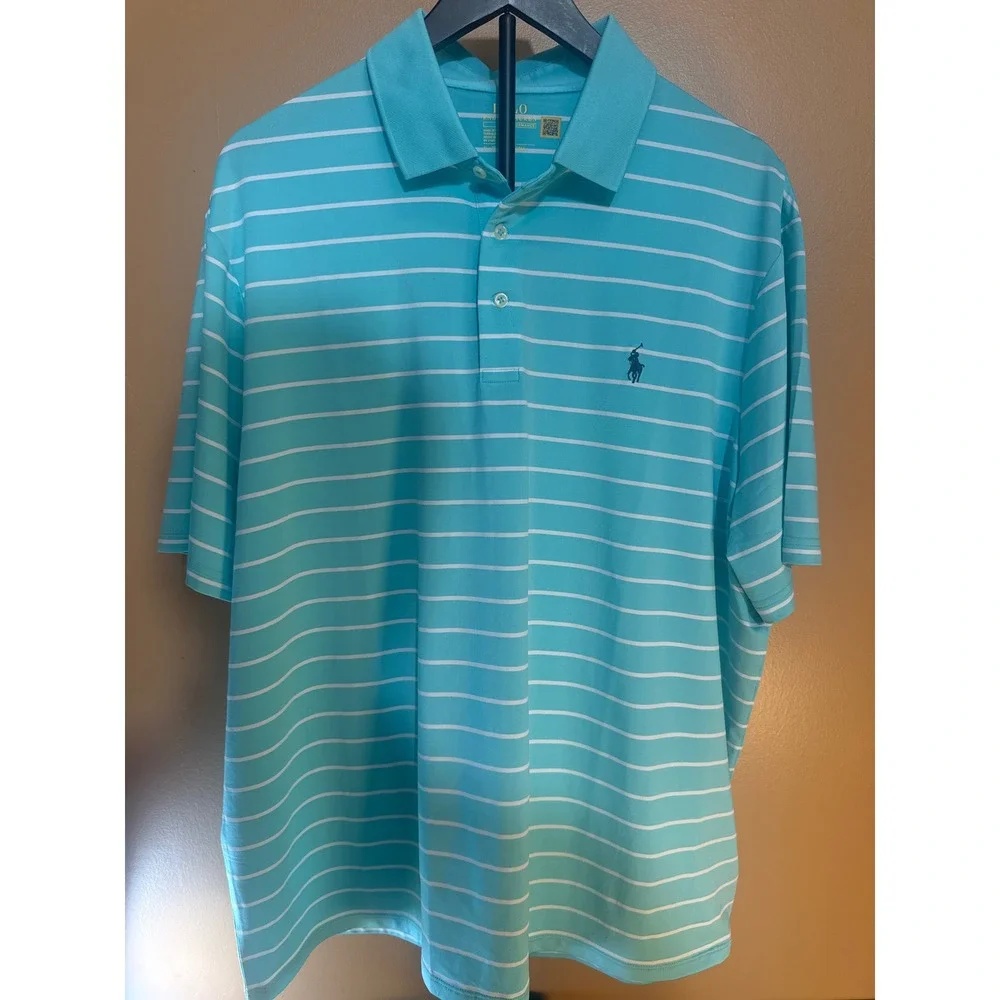Polo Ralph Lauren Performance Shirt Mens XL Aqua Blue White Striped Golf Polo